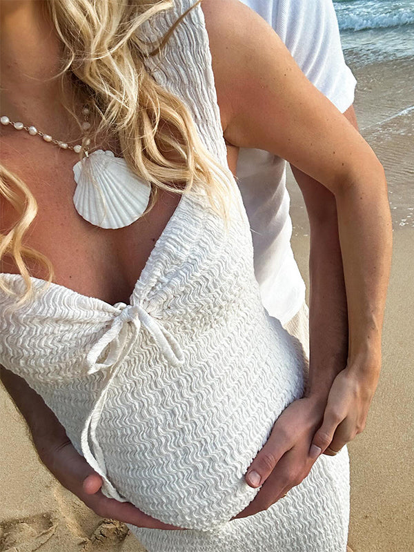 Smocked Bow Tie Side Slit Elegant Beach Photoshoot Cute Baby Shower Maternity Maxi Dress