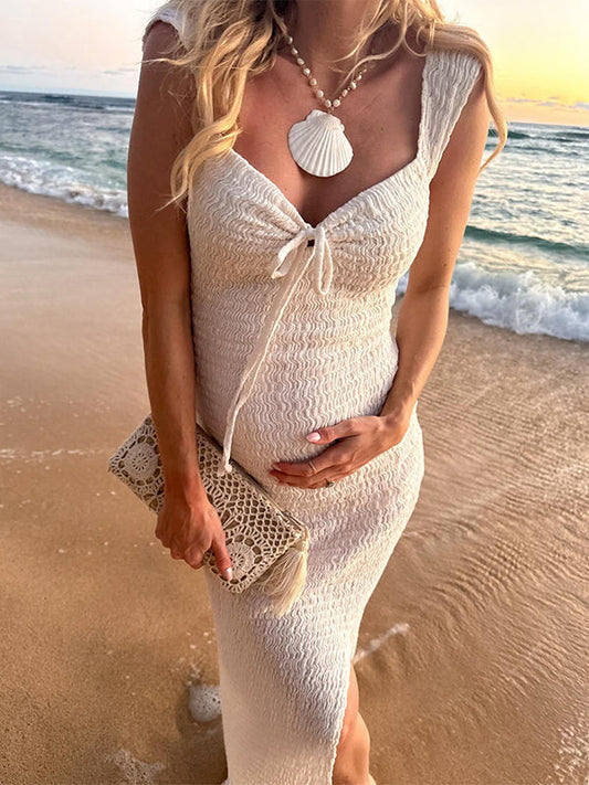 Smocked Bow Tie Side Slit Elegant Beach Photoshoot Cute Baby Shower Maternity Maxi Dress