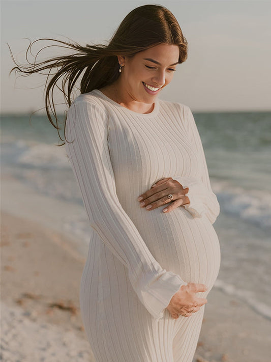 Solid Color Sashes Knit Lace-up High Waist Going Out Photoshoot Maternity Sweater Maxi Dress