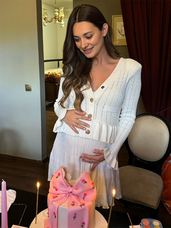White Buttons Ruffle Knit Cut Out Elegant Baby Shower Maternity Mini Sweater Dress