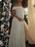 Ivory White Two Piece Set Off Shoulder Ruffle Falbala Boho Photoshoot Maxi Dress