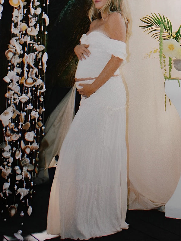 Ivory White Two Piece Set Off Shoulder Ruffle Falbala Boho Photoshoot Maxi Dress