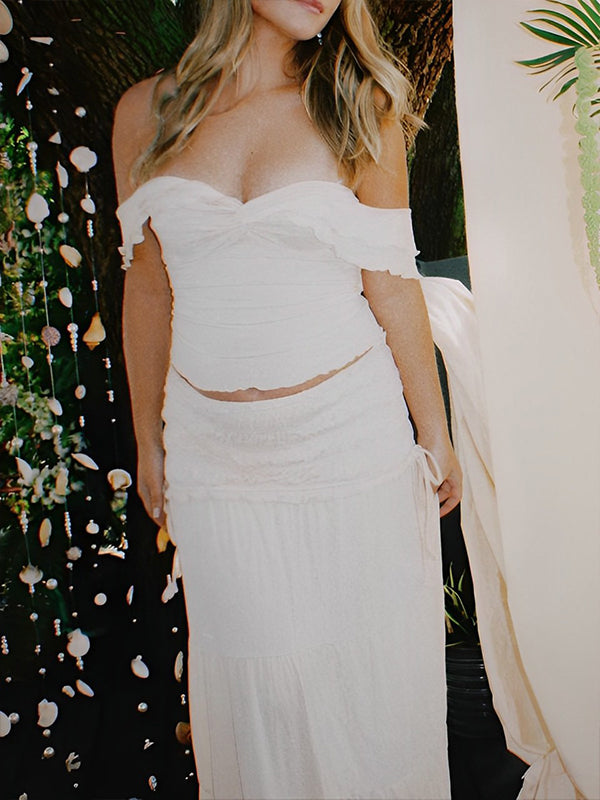 Ivory White Two Piece Set Off Shoulder Ruffle Falbala Boho Photoshoot Maxi Dress