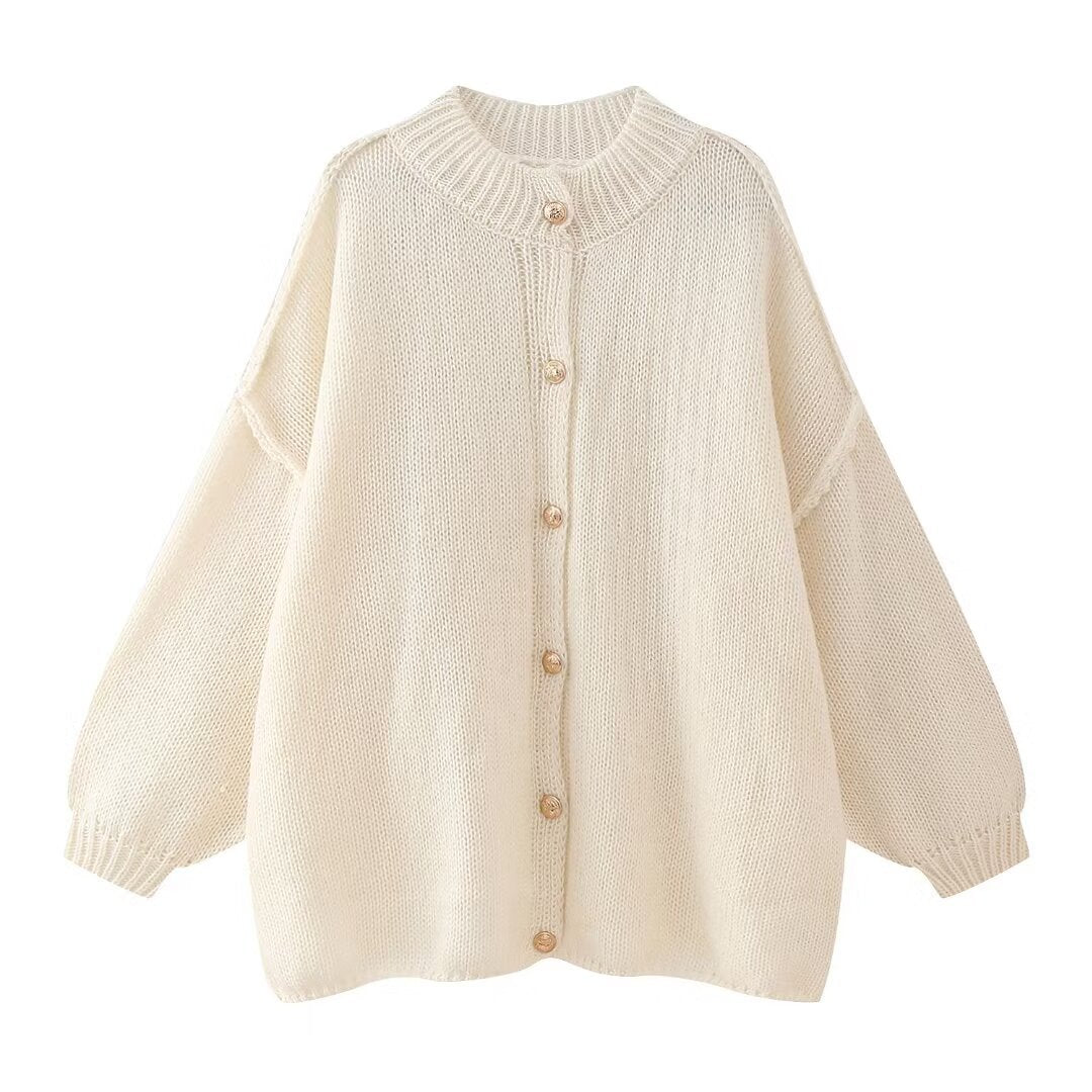 Beige Dolman Sleeve Single Breasted Solid Color Maternity Sweater Top