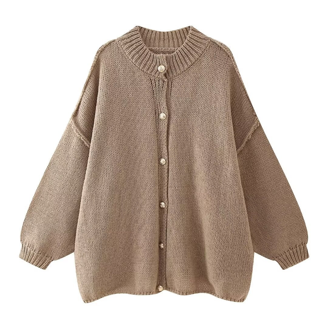 Beige Dolman Sleeve Single Breasted Solid Color Maternity Sweater Top