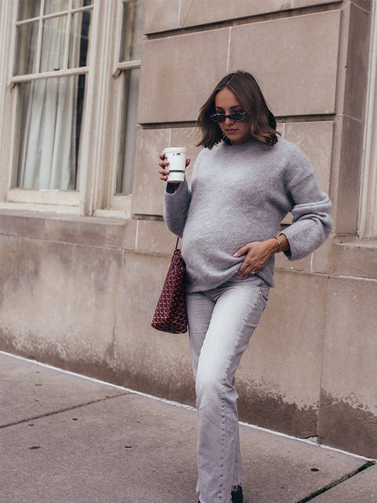 Dark Grey Round Neck Daily Casual Solid Color Maternity Sweater Top