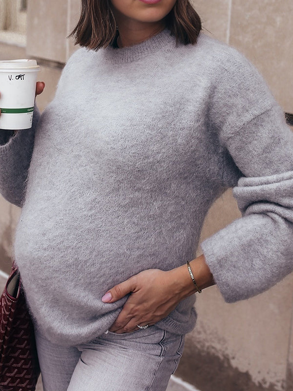 Dark Grey Round Neck Daily Casual Solid Color Maternity Sweater Top