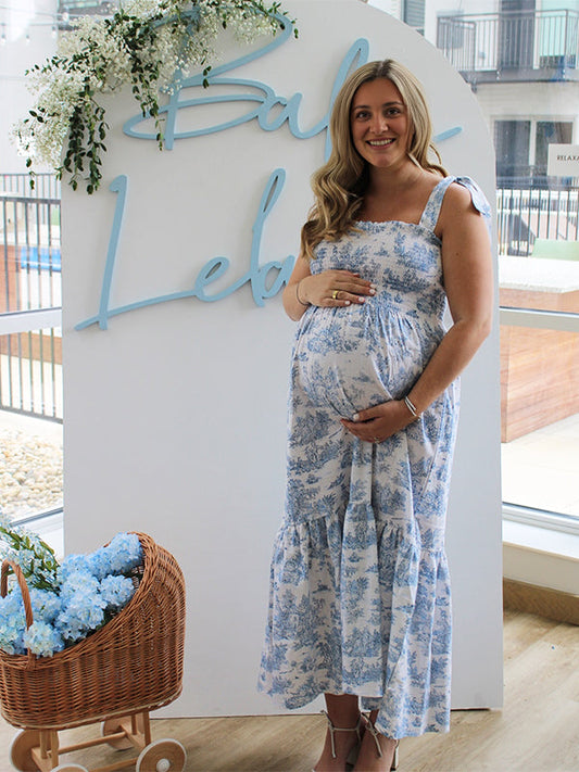 Floral Print Smocked Bow Boho Flowy Photoshoot Gender Reveal Baby Shower Maternity Maxi Dress