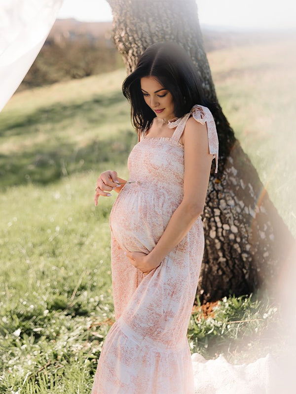 Floral Print Smocked Bow Boho Flowy Photoshoot Gender Reveal Baby Shower Maternity Maxi Dress
