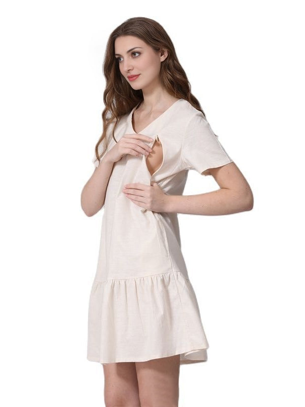 White V-neck Short Sleeve Ruffle Casual Daily Maternity Nursing Dresses