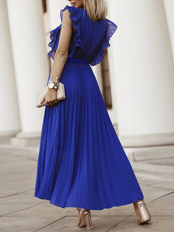 Chiffon Pleated Ruffle Belt Big Swing Elegant Maternity Maxi Dress
