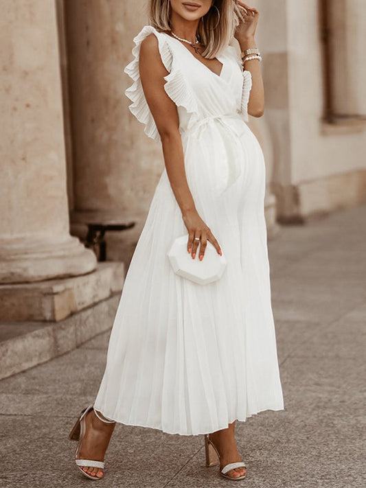 Chiffon Pleated Ruffle Belt Big Swing Elegant Maternity Maxi Dress