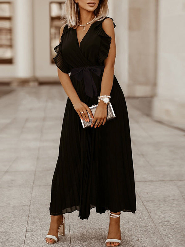 Chiffon Pleated Ruffle Belt Big Swing Elegant Maternity Maxi Dress