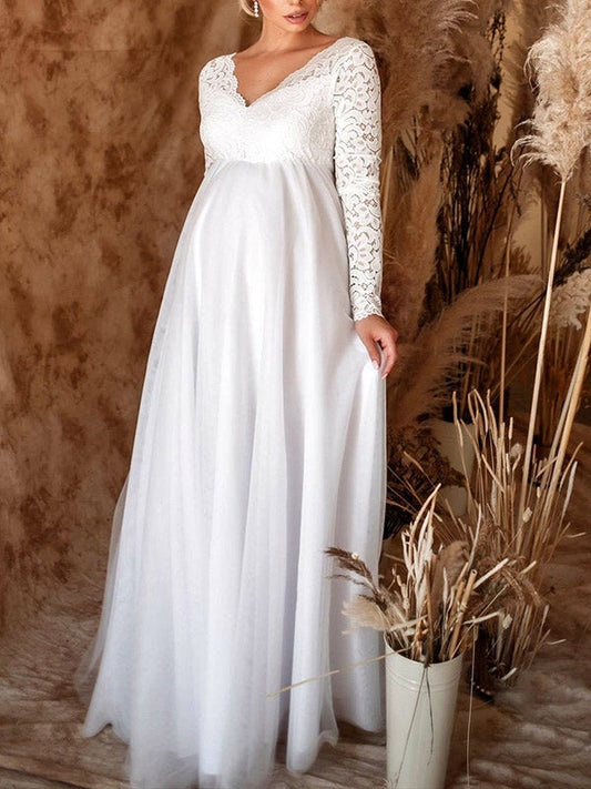 Flowy Lace Long Sleeves Elegant Maternity Photoshoot Maxi Dress
