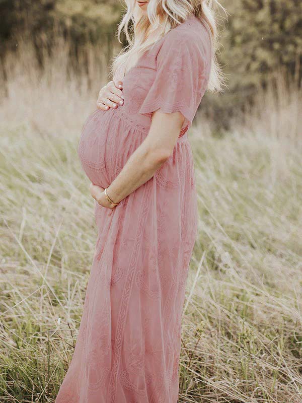 Pink Lace Flowy V-neck Boho Maternity Photoshoot Maxi Dress