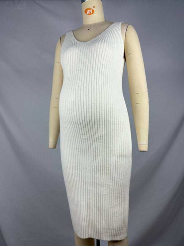 White Knit  V-Neck Bodycon Two Pieces Cardigan Elegant Maternity Maxi Sweater Dress