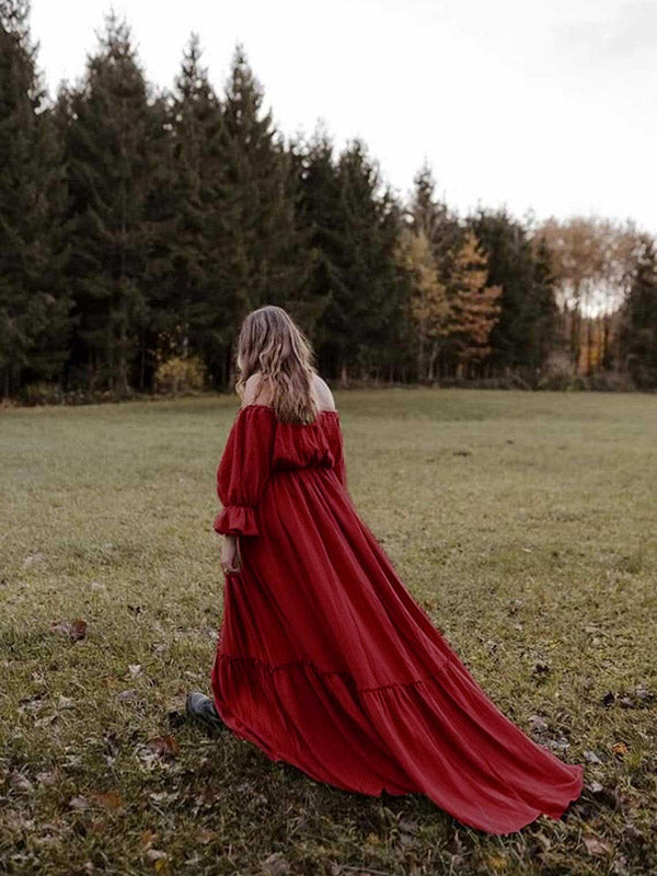 Off Shoulder Ruffle Open Belly Big Swing Boho Maternity Photoshoot Maxi Dress