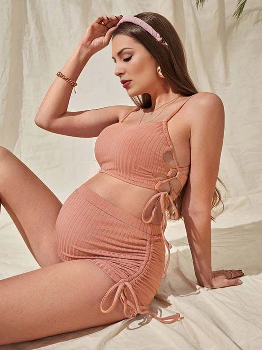 Lotus Pink Drawstring Cami Two Piece Swimsuit Chic Maternity Bikini