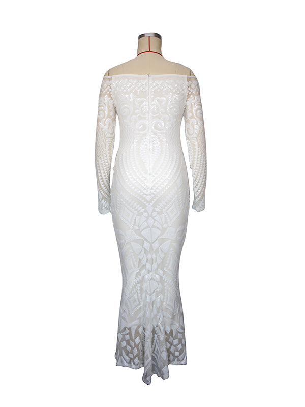 White Lace Sequin Off Shoulder Mermaid Bodycon Wedding Gown Baby Shower Elegant Foamal Maternity Photoshoot Maxi Dress