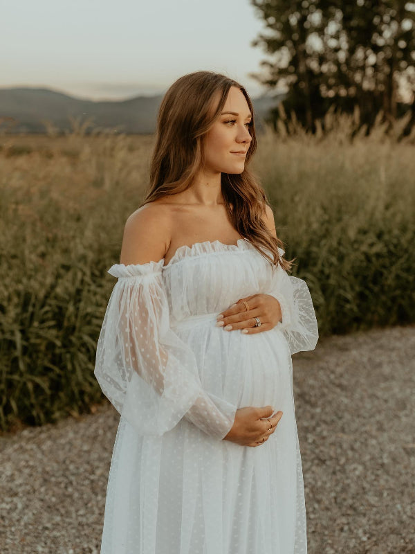 White Off Shoulder Elegant Tulle Photoshoot  Maternity Maxi Dress