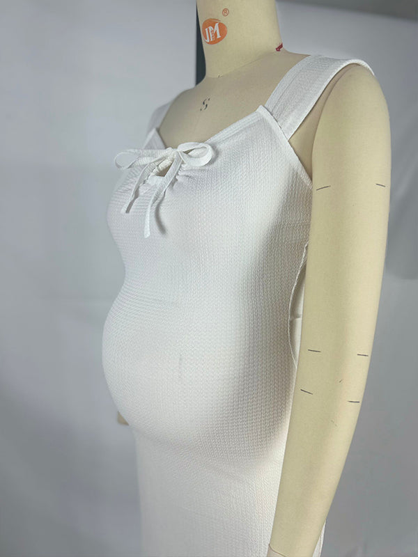 Smocked Bow Tie Side Slit Elegant Beach Photoshoot Cute Baby Shower Maternity Maxi Dress