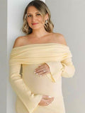 Yellow Knit Off Shoulder Flare Sleeve Bodycon Elegant Photoshoot Maternity Maxi Dress