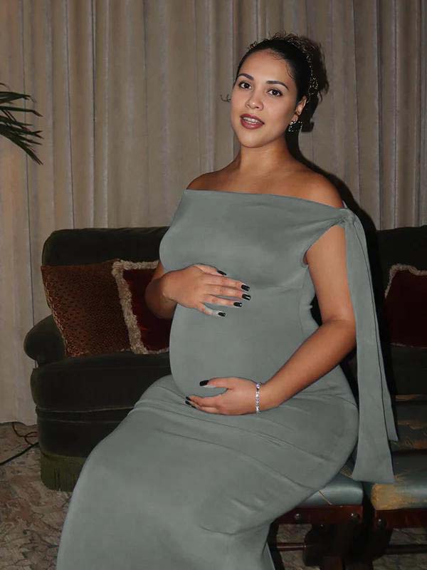 Grey Asymmetric Shoulder Knotted One Shoulder Sleeveless Bodycon Elegant Cocktail Party Maternity Photoshoot Baby Shower Maxi Dress