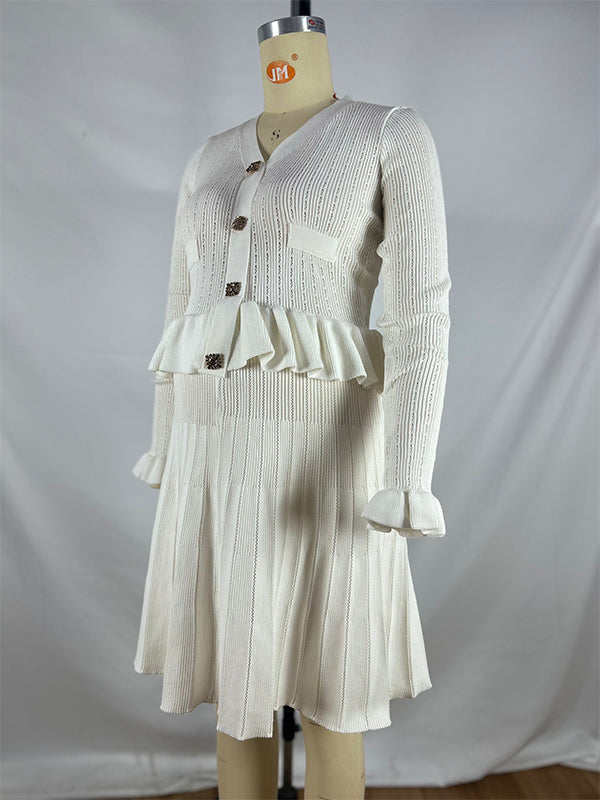 White Buttons Ruffle Knit Cut Out Elegant Baby Shower Maternity Mini Sweater Dress