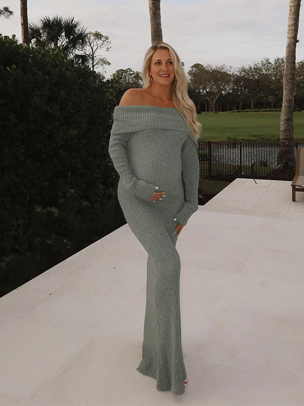 Knit Off Shoulder Bodycon Elegant Maternity Maxi Sweater Dress