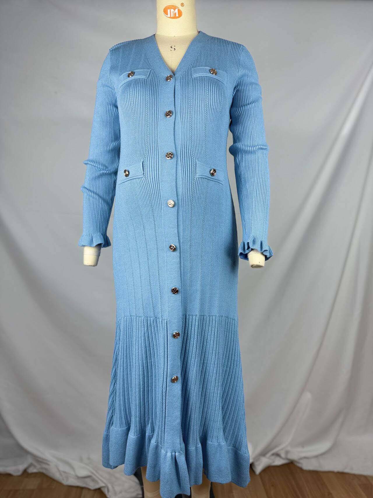 Ruffle Buttoned 3/4 Sleeve Elegant Pregnant Woman Maxi Dress