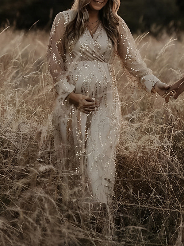 Apricot Sequin Tassel Tulle Ruched Cross Chest Multi Way Tie Back V-neck Elegant Boho Photoshoot Maternity Maxi Dress