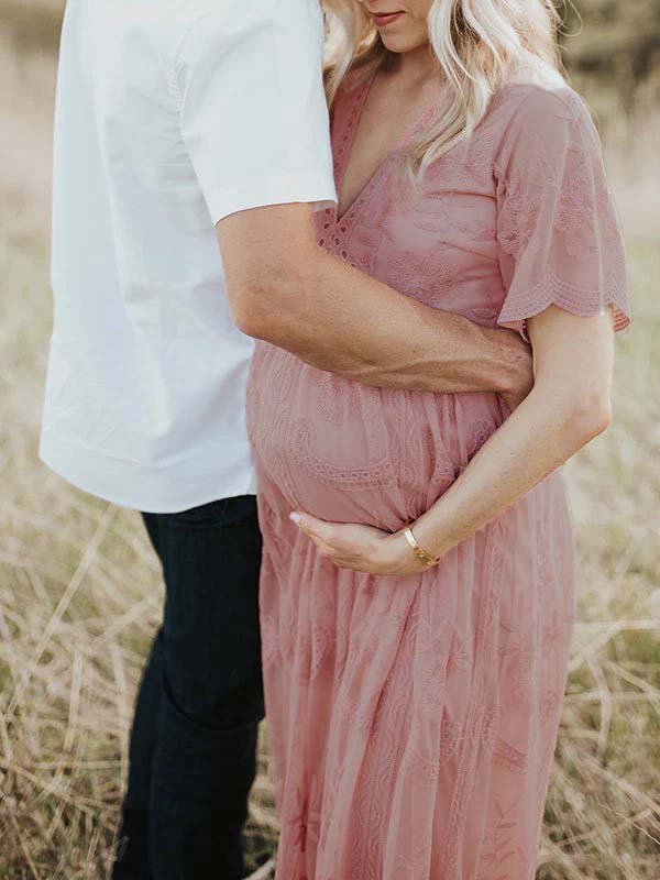 Pink Lace Flowy V-neck Boho Maternity Photoshoot Maxi Dress
