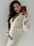 White Crochet Knit Hollow Out Deep V-neck Lantern Sleeve Bodycon Elegant Going Out Maternity Sweater Maxi Dress
