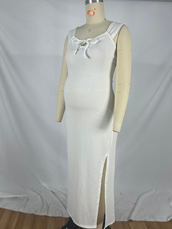 Smocked Bow Tie Side Slit Elegant Beach Photoshoot Cute Baby Shower Maternity Maxi Dress