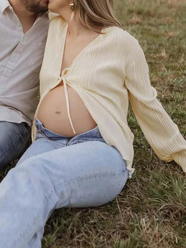 Beige lace-up Flare Sleeve Modern Fashion Maternity Photoshoot Blouse
