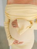 Yellow Knit Off Shoulder Flare Sleeve Bodycon Elegant Photoshoot Maternity Maxi Dress