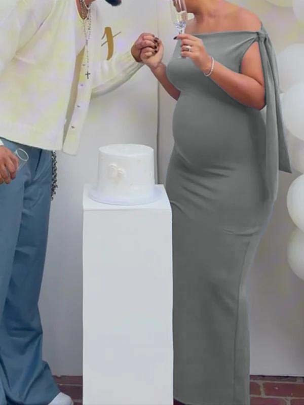 Grey Asymmetric Shoulder Knotted One Shoulder Sleeveless Bodycon Elegant Cocktail Party Maternity Photoshoot Baby Shower Maxi Dress