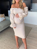 Ruffle Off Shoulder Long Sleeve Bodycon Baby Shower Maternity Midi Dress