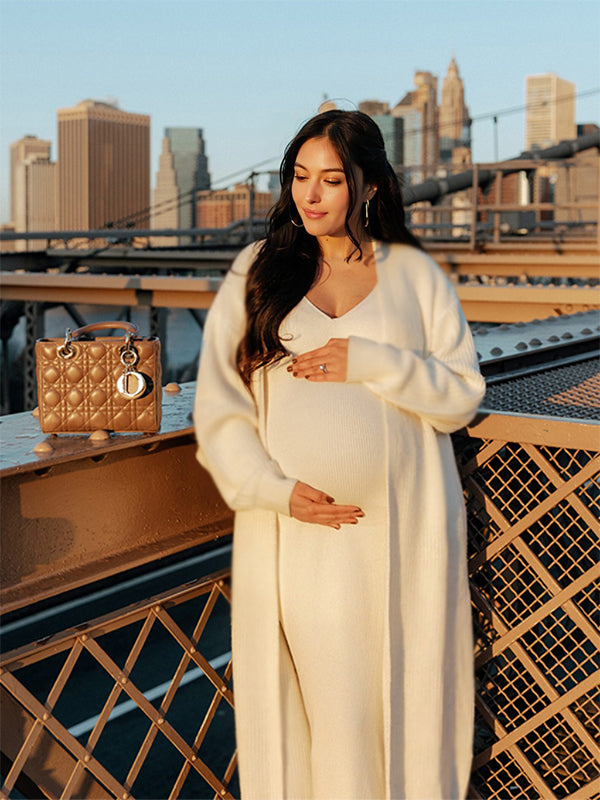 White Knit  V-Neck Bodycon Two Pieces Cardigan Elegant Maternity Maxi Sweater Dress