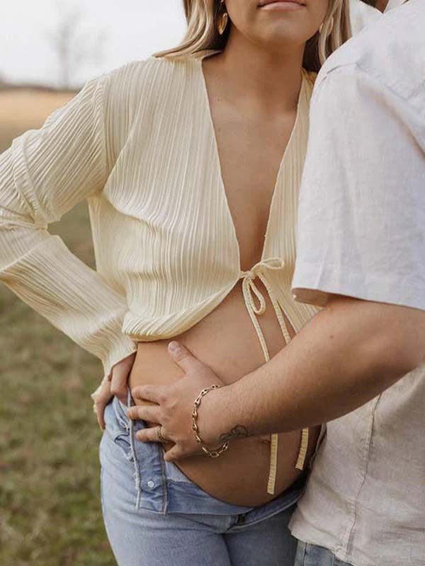 Beige lace-up Flare Sleeve Modern Fashion Maternity Photoshoot Blouse