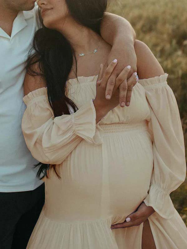 Flowy Off Shoulder Ruffle Falbala Side Slit Big Swing Lantern Sleeve Elegant Holiday Vacation Boho Maternity Photoshoot Baby Shower Maxi Dress