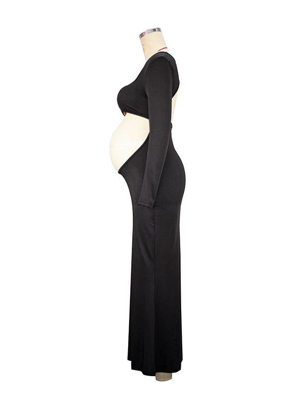 Black Cut Out Mermaid Crop Long Sleeve Backless Bodycon Cocktail Club Party Photoshoot Maternity Maxi Dress