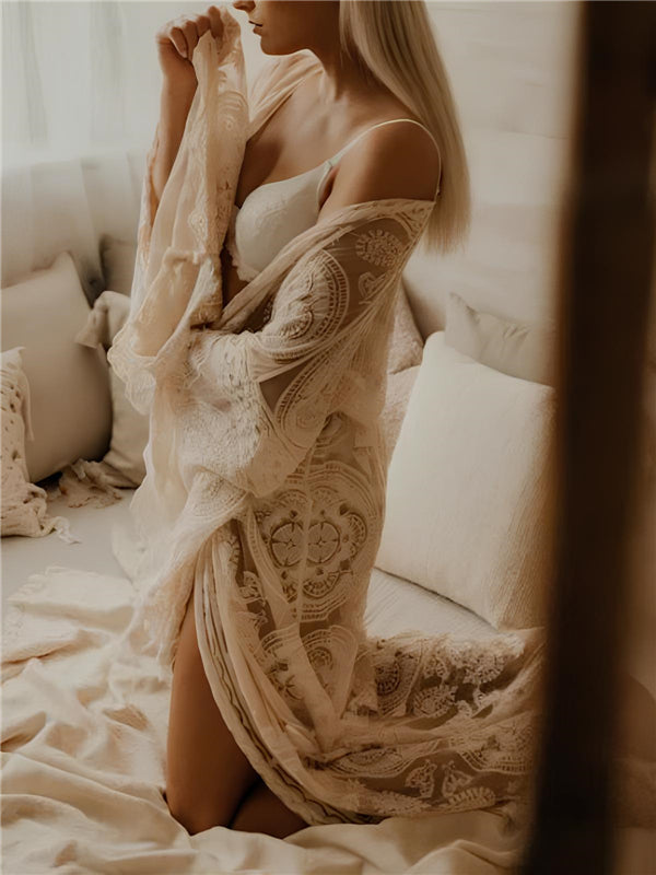 White Lace Belt Open Belly Sheer Cover Up Boho Maternity Photoshoot Maxi Dress