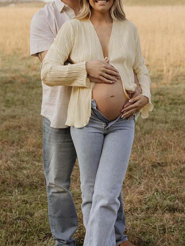 Beige lace-up Flare Sleeve Modern Fashion Maternity Photoshoot Blouse